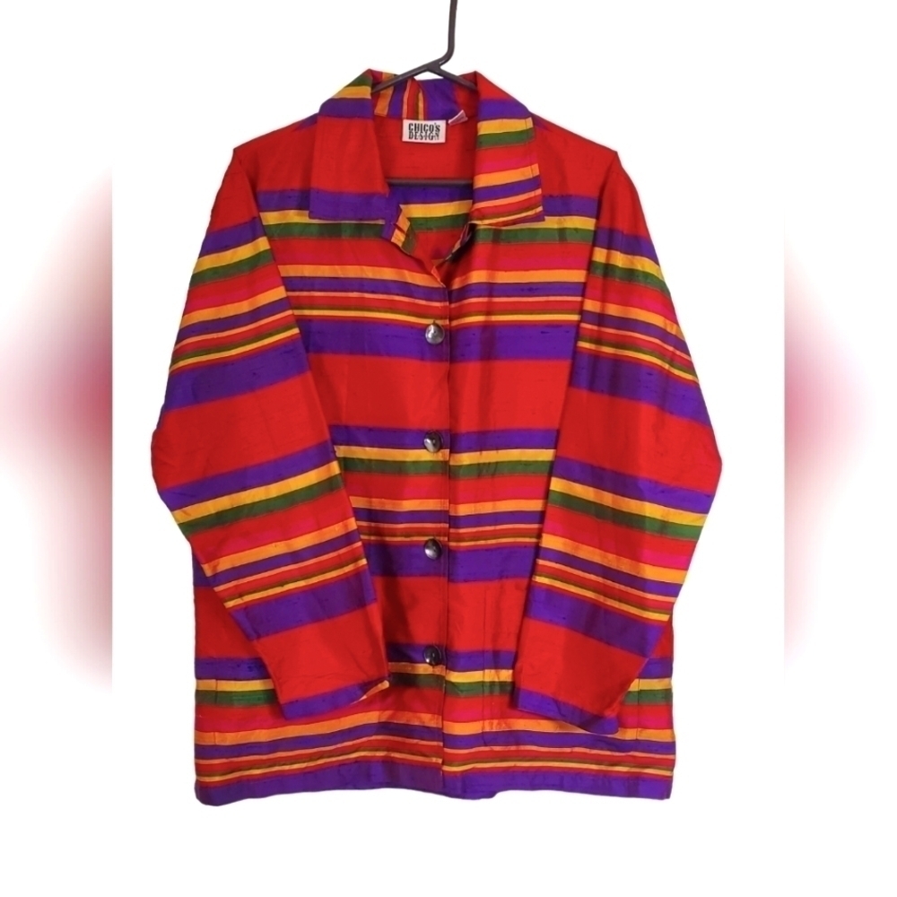 Chico's Design Vintage 100% Slub Silk Button Front Jacket Multicolor Stripe Sz L
